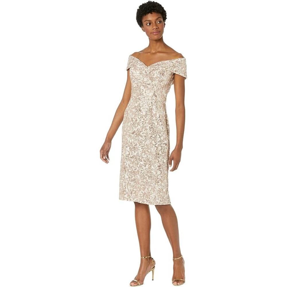 XSCAPE Short Sequin Lace Off The Shoulder Dress Sand Size 16 NWT